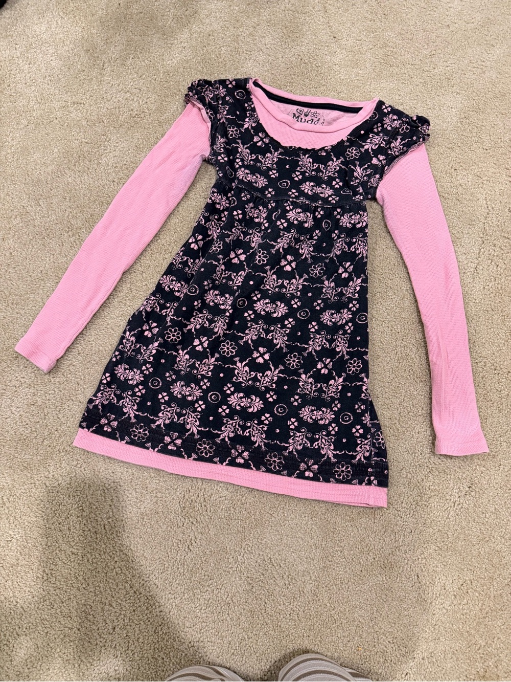 Mudd Pink and Navy Floral Layered-Look Long Sleeve Dress
